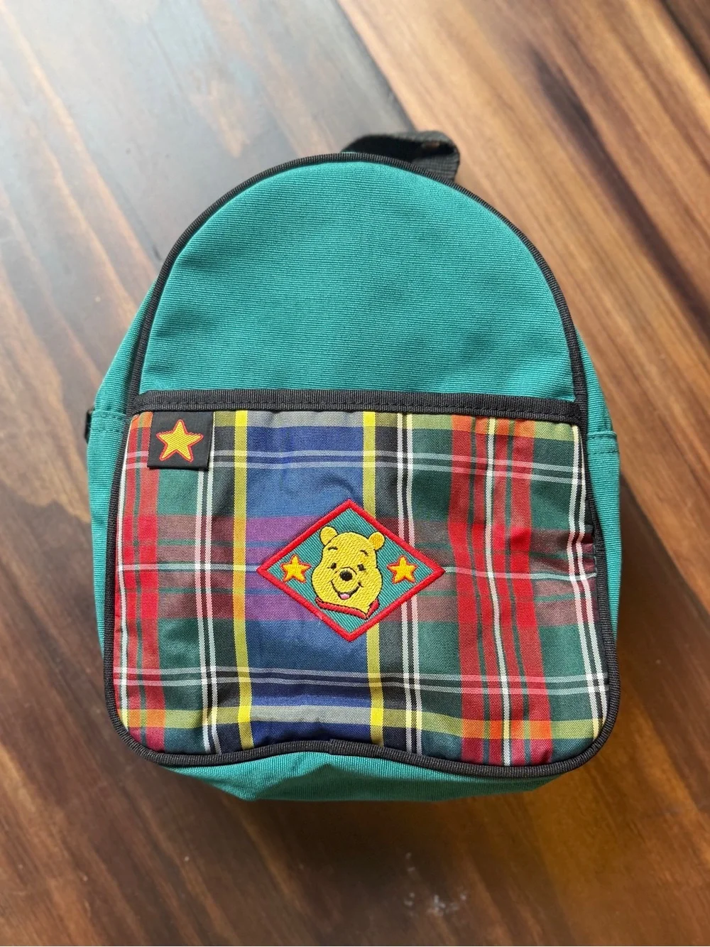 Disney Kids Backpack Teal Green Plaid with Winnie the Pooh Patch